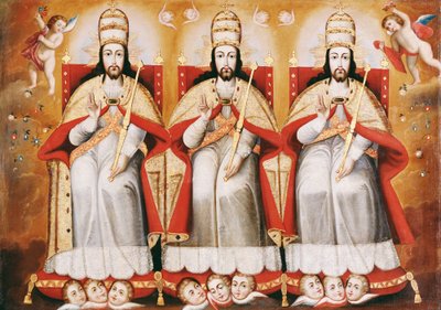 Die thronende Dreifaltigkeit als drei identische Figuren von Cuzco School